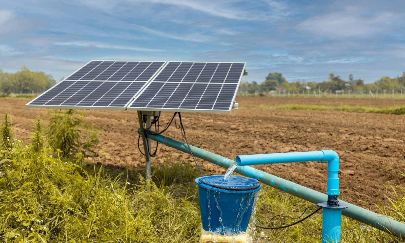 Solar-powered irrigation pump in a field with blue pipes and a bucket under a sunny sky