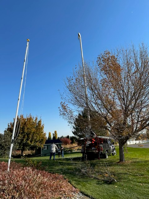 Two tall flagpoles in a grassy park with a red truck and leafless trees under a clear blue sky