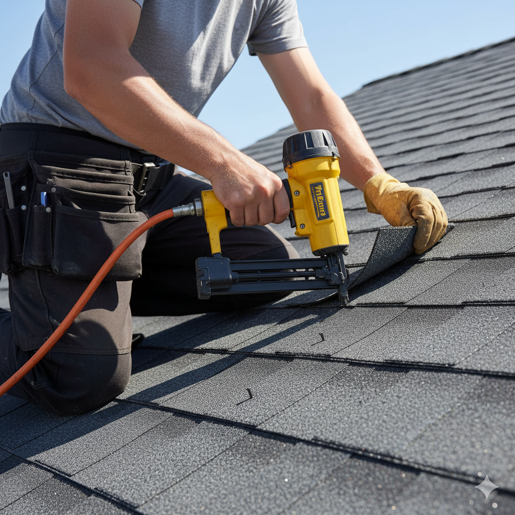 Roofer kneels, using a nail gun to attach roofing shingles on a sunny day.