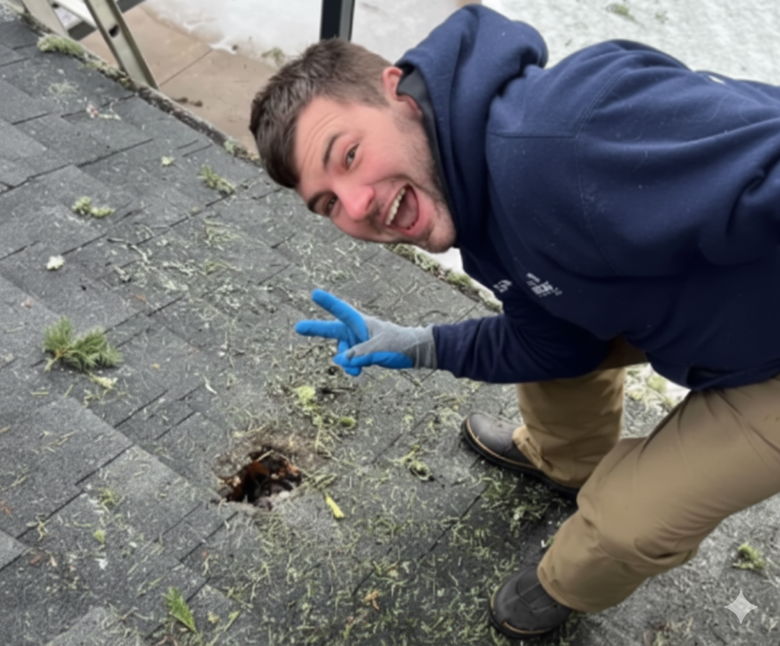 Workers repairing a damaged roof on a house, under a clear blue sky.