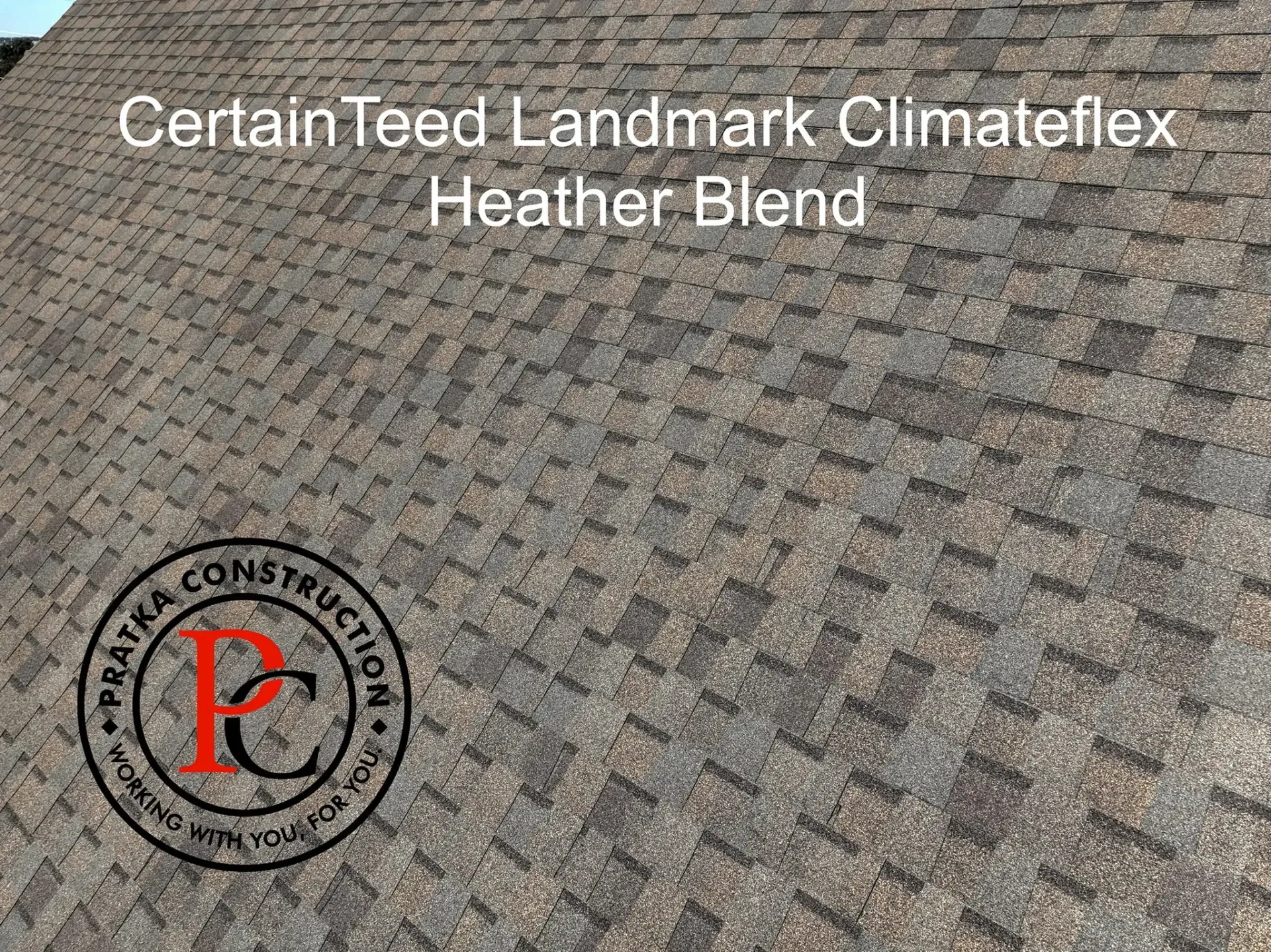 CertainTeed Landmark Climateflex roofing in Heather Blend. Logo of Ratka Construction on the lower left.