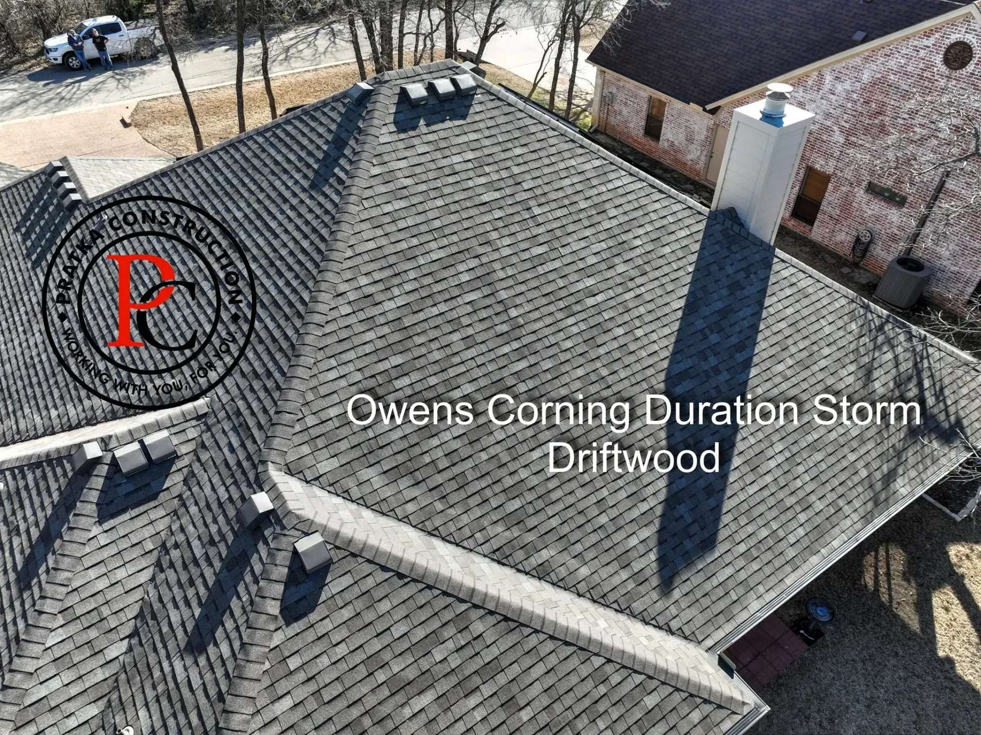 Overhead view of a roof covered with Owens Corning Duration Storm Driftwood shingles.