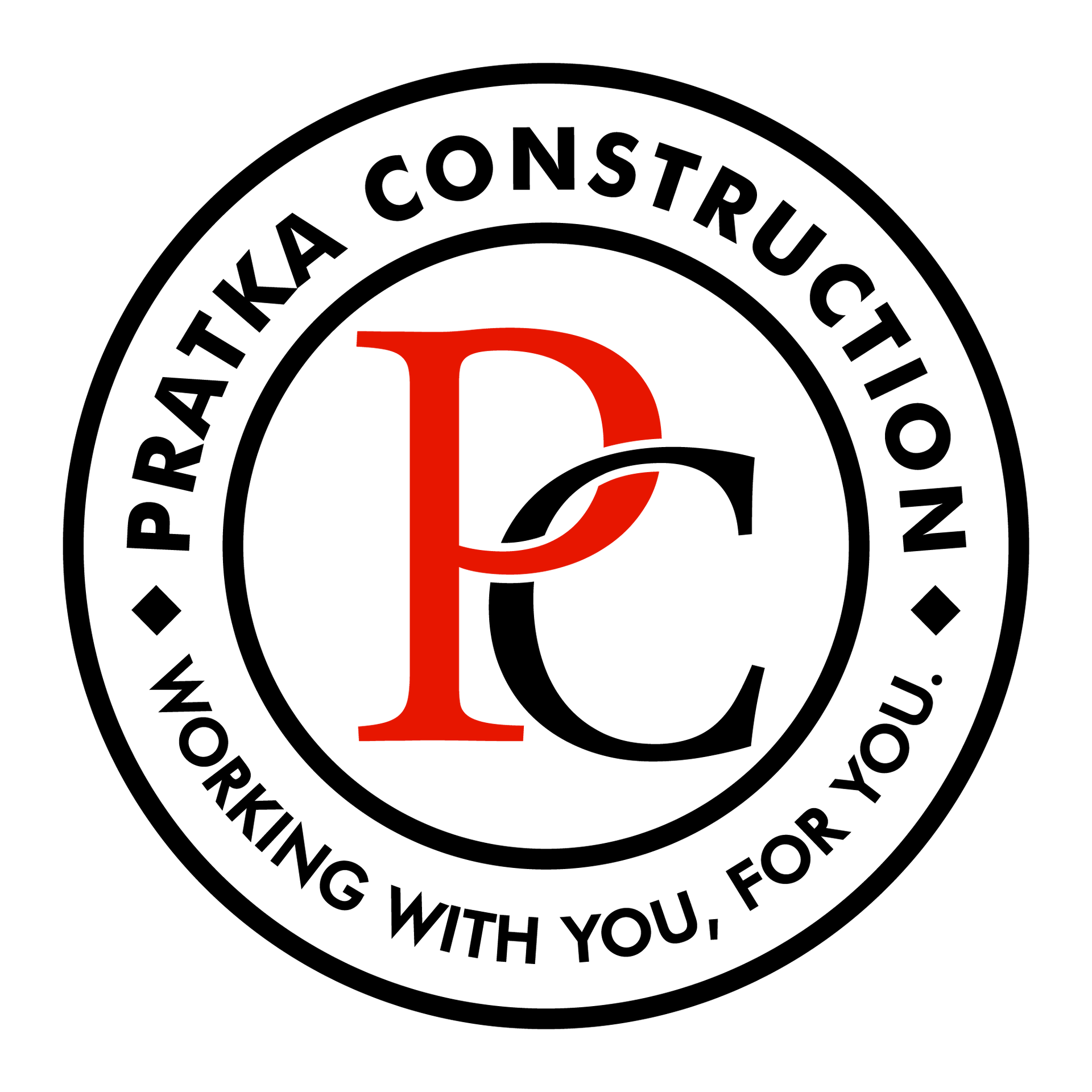 Circular logo: "Pratka Construction" surrounds a red "P" overlapping a black "C". Text reads "Working with you, for you."