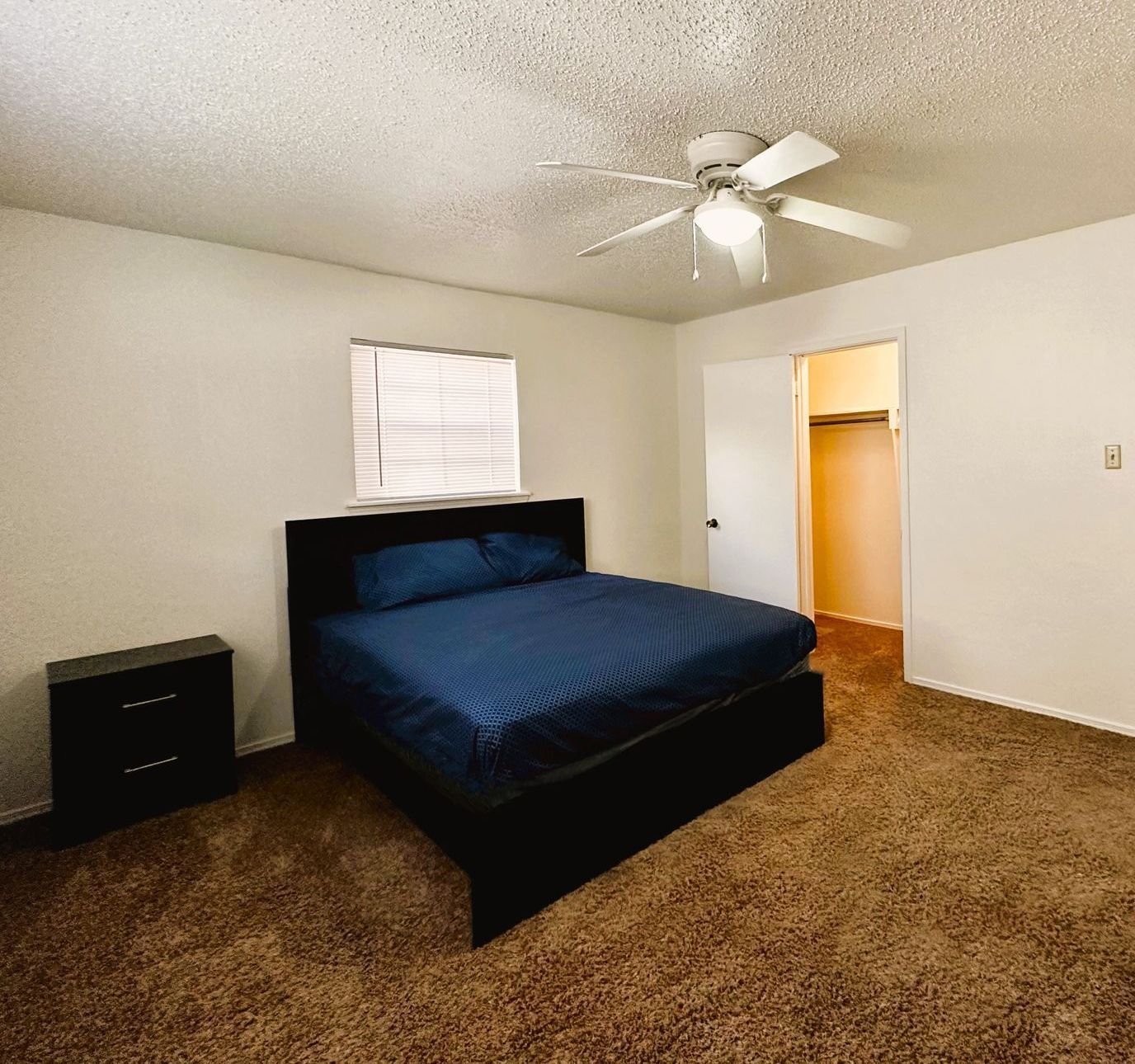Bedroom with a black bed, nightstand, and open closet. Brown carpet and white walls.