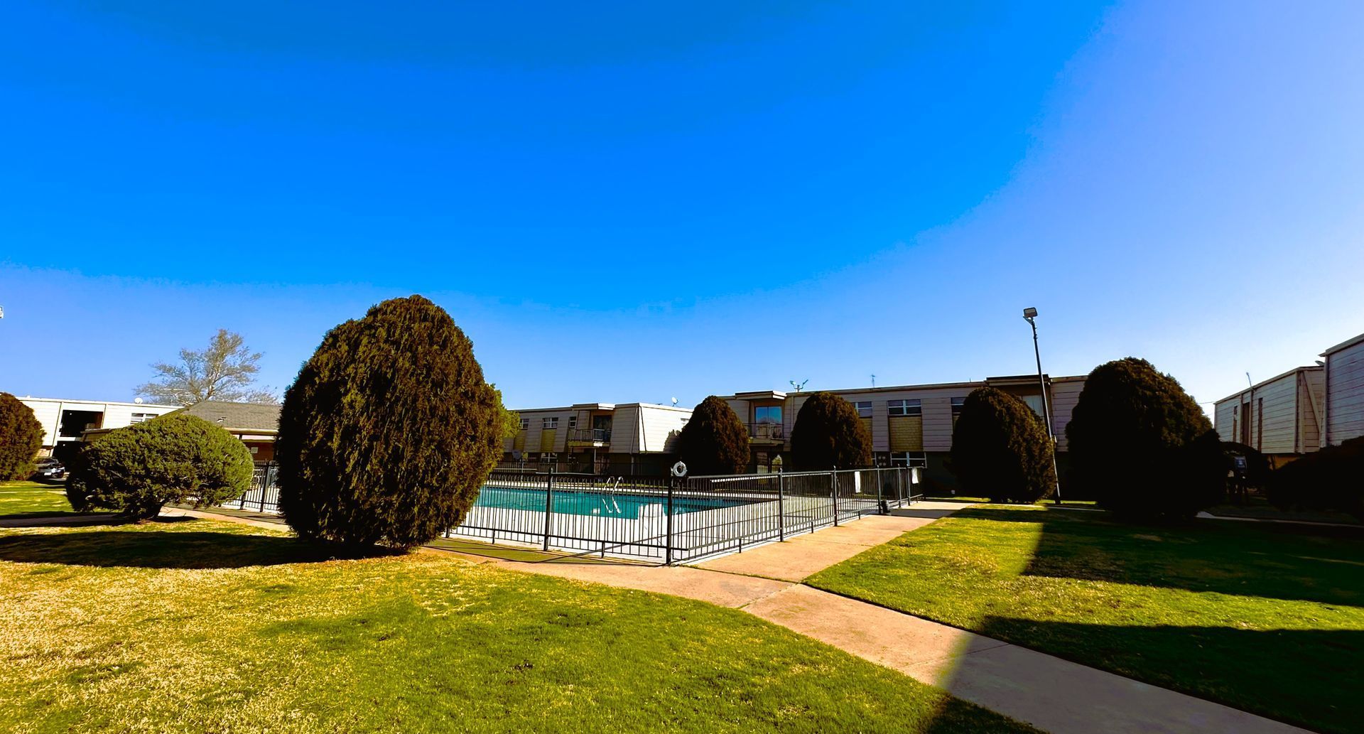 Pool surrounded by trimmed bushes and lawn, with buildings under a clear blue sky.