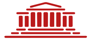 A red icon of a building with columns on a white background.