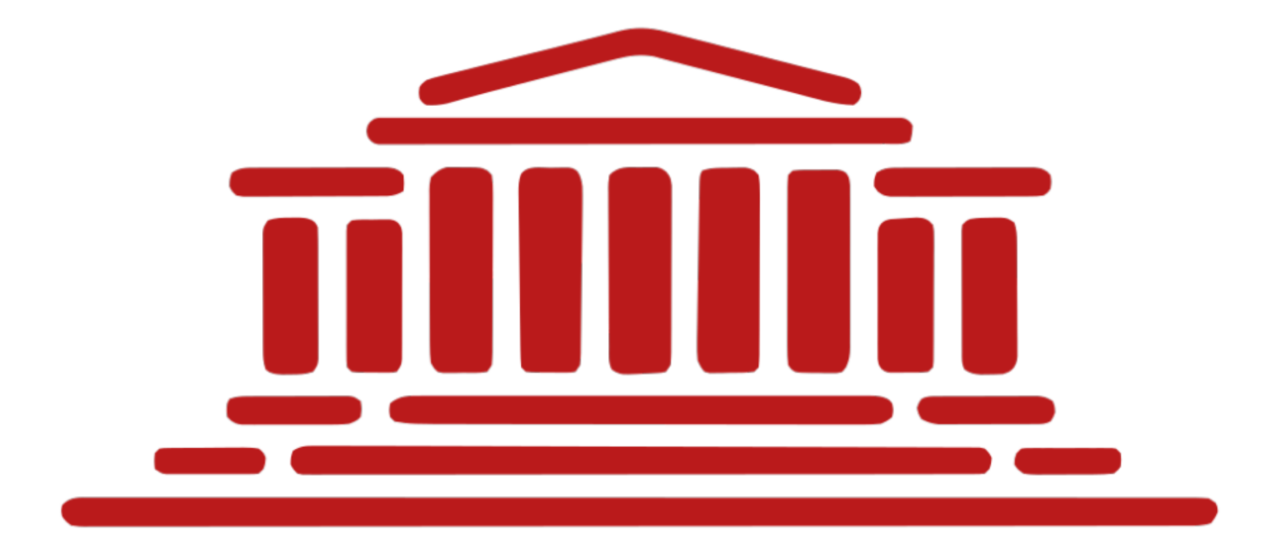 A red icon of a building with columns on a white background.