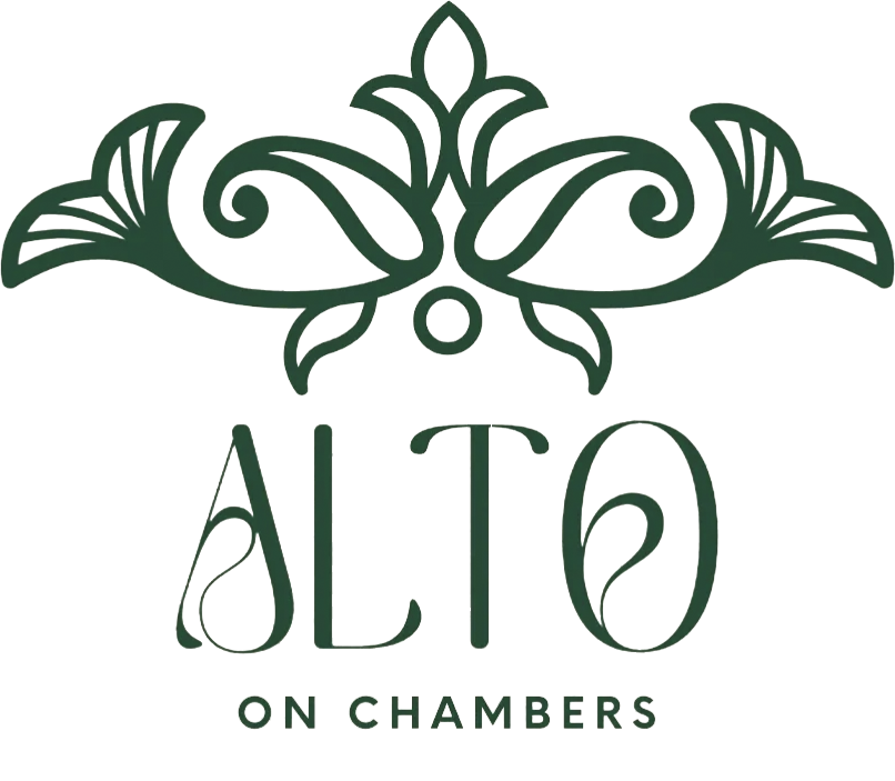 A green logo for alto on chambers with a floral design.