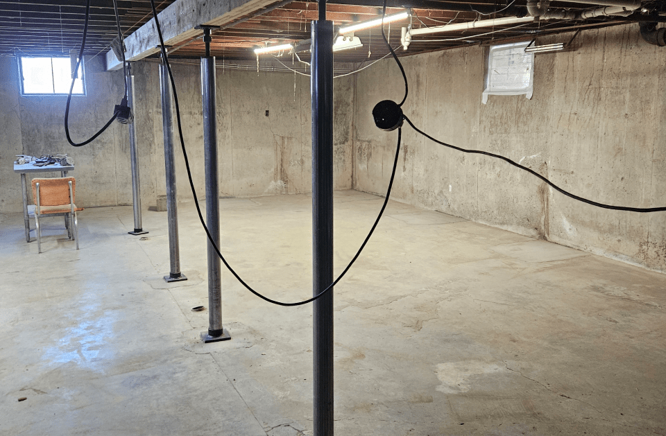 A basement interior with concrete floors, support columns, and exposed wiring. The space has a window, and is lightly lit.