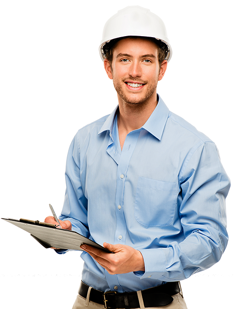 A man wearing a hard hat is holding a clipboard and writing on it.