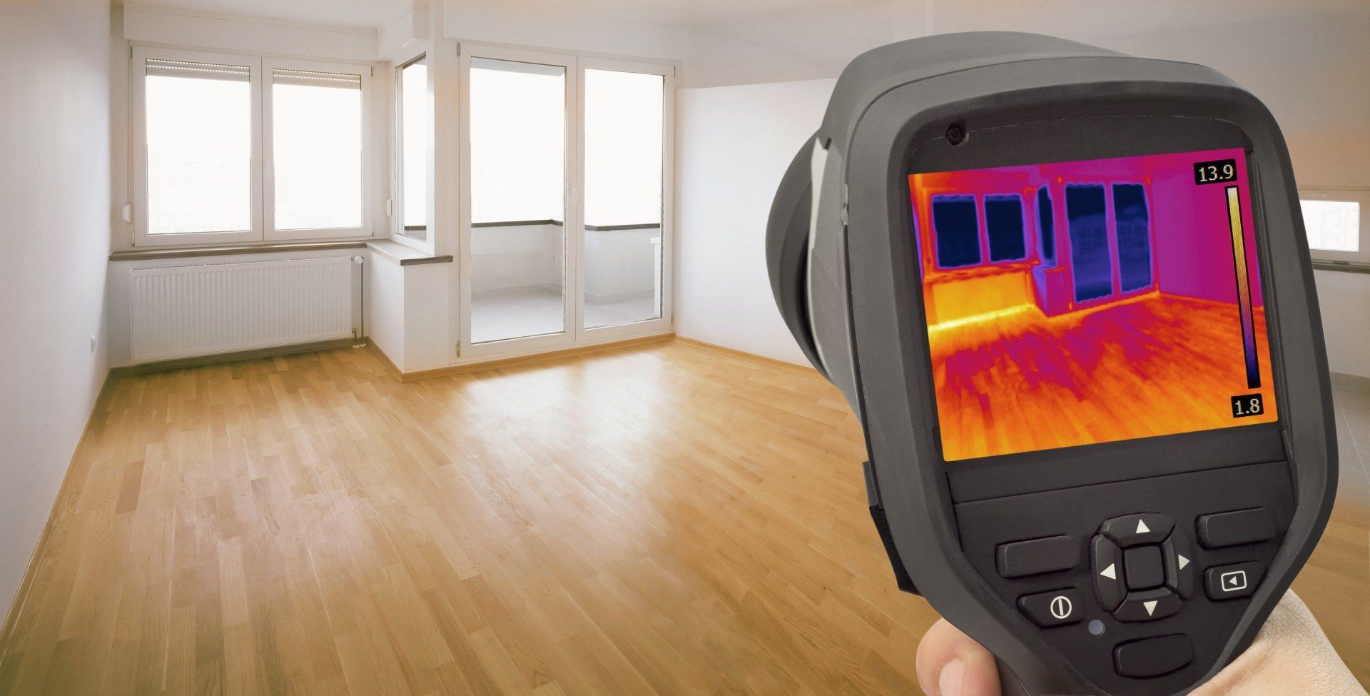 A person is holding a thermal camera in front of an empty room.