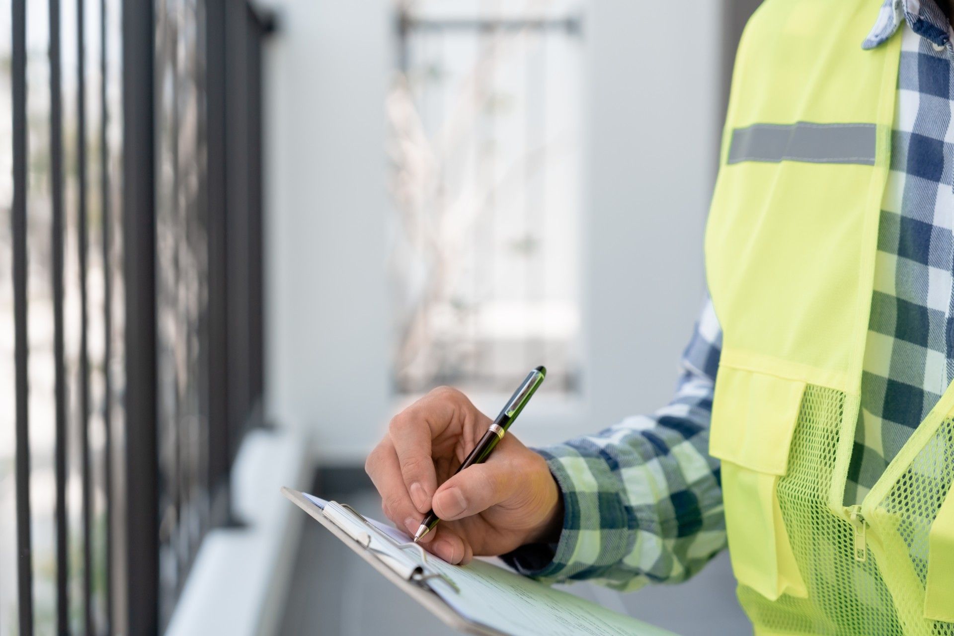 A man in a yellow vest is writing on a clipboard with a pen.