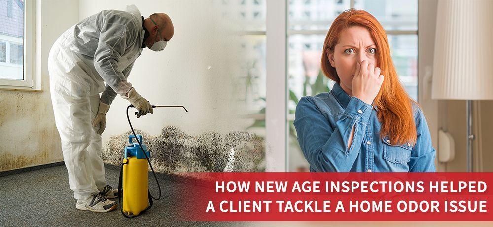 A man spraying mold on a wall next to a woman covering her nose.