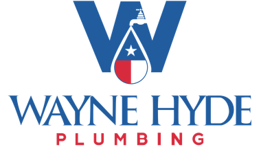 Logo for Wayne Hyde Plumbing, featuring a blue "W" with a faucet, and a Texas flag inside a water droplet.