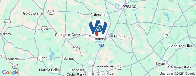 Map of Texas with Waco, College Station and surrounding cities, with a logo in the center.