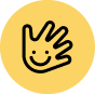 Smiling handprint icon in yellow circle.