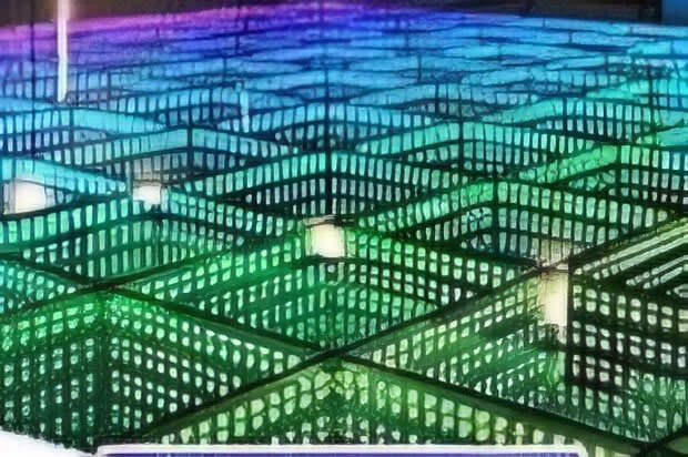 A grid of glowing, translucent green and blue square enclosures, resembling a digital maze or architectural layout.
