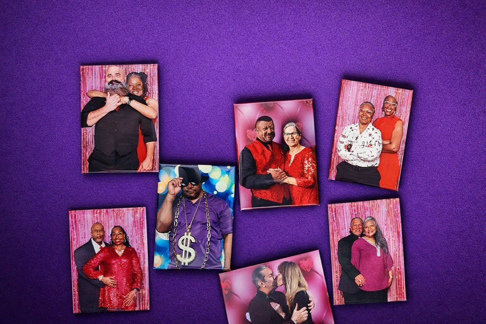 Six photo booth pictures with a purple textured background showing people posing in various outfits and settings.