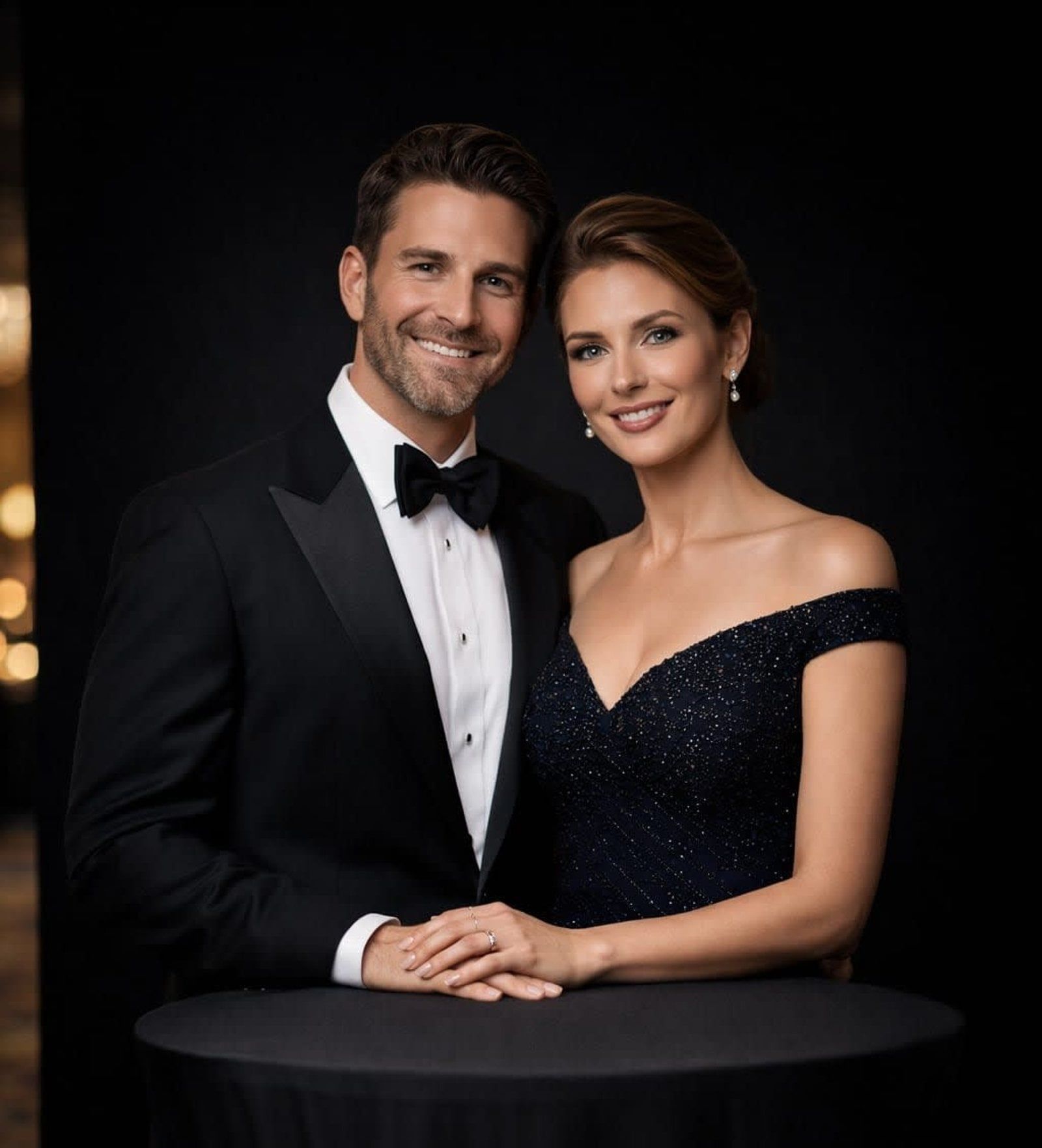 A couple in formal attire stands at a table against a black background, smiling and holding hands.