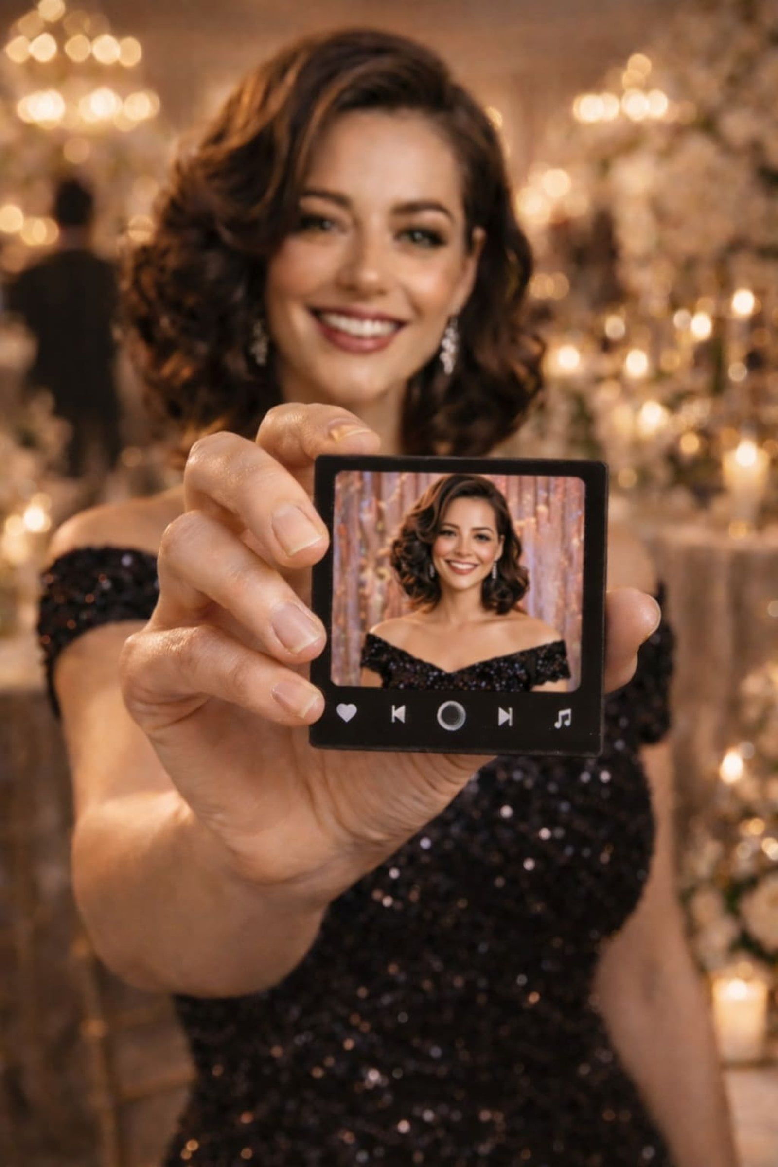 A smiling person in a sparkling black gown holds a small screen displaying their own portrait in a candlelit setting.