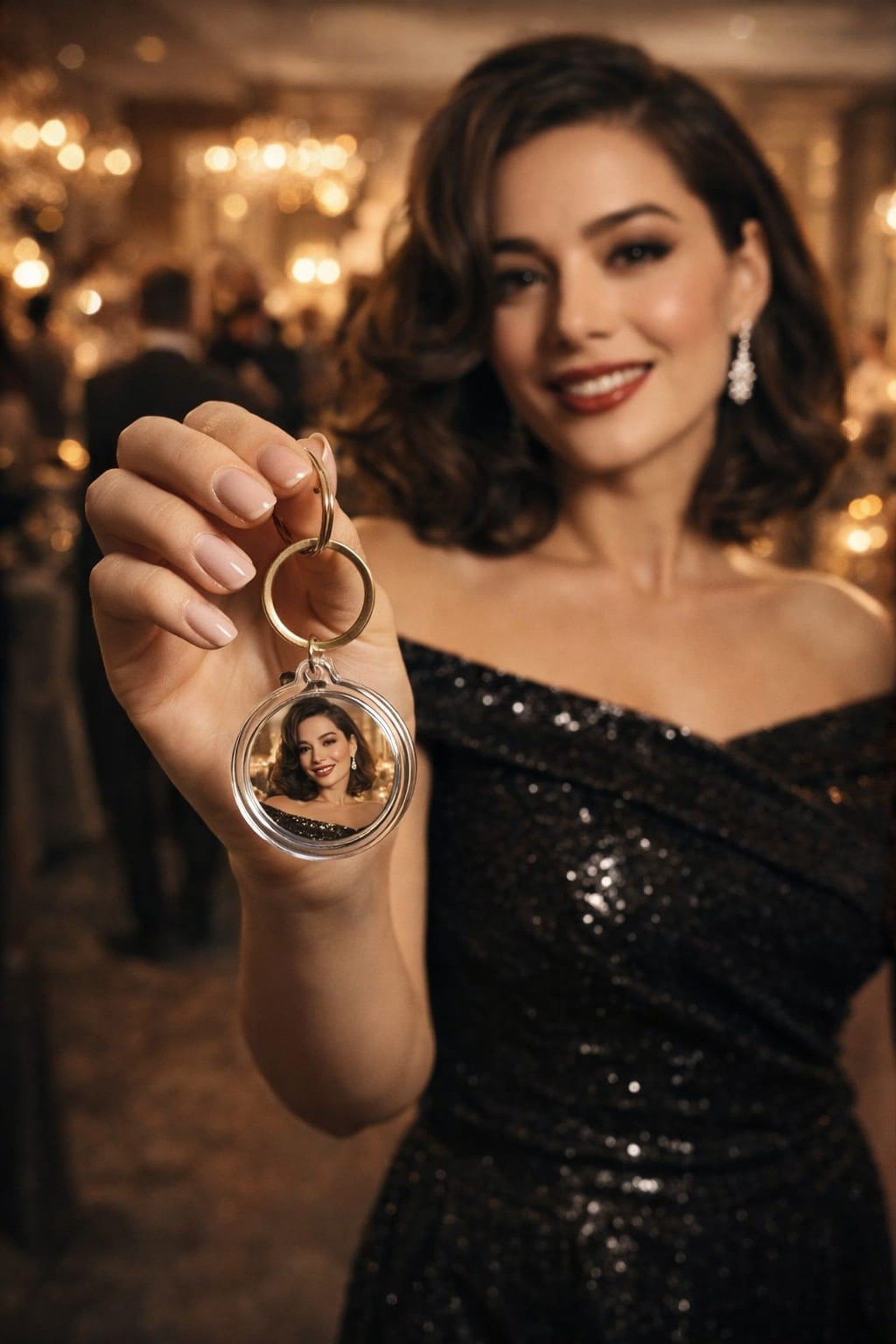 A person in a black sequined dress holds up a circular keychain featuring a miniature portrait of themselves.