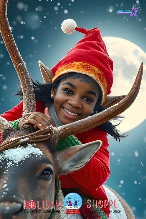 A smiling person dressed as an elf with a reindeer against a snowy, moonlit background for a Holiday Shoppe promotion.