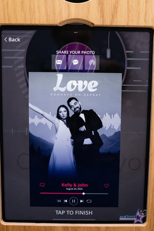 A tablet screen shows a wedding photo template with the text 