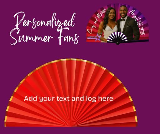 A red folding fan with a template area for custom text and logos, next to a sample fan featuring a couple’s photo.