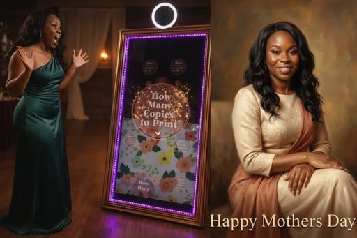 A woman stands by a lit mirror booth displaying a book cover, next to a portrait of a woman; 