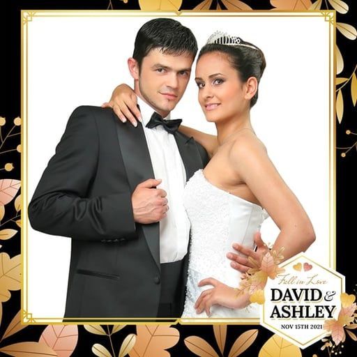 A wedding photo of a couple in formal wear within a decorative gold frame featuring the text 