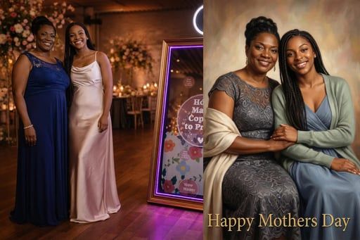 Two women pose together in two different settings, wearing elegant dresses, with text reading 