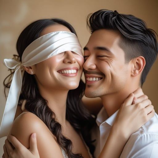 A smiling couple embraces closely; the woman wears a silk blindfold as the man rests his cheek against hers.