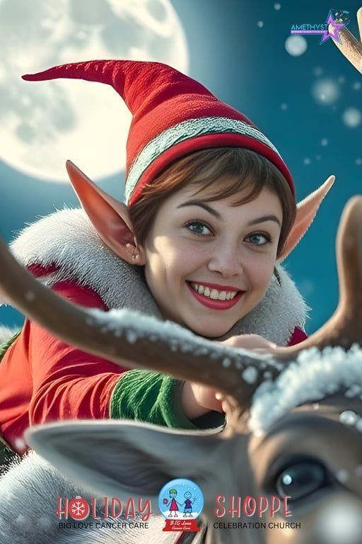 A smiling elf with pointed ears and a red hat peers from behind a reindeer against a snowy, moonlit background.