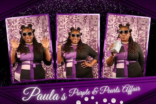 A photo strip of a person in a purple and black outfit and sunglasses posing against a glittery purple backdrop.
