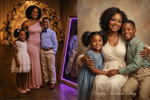 A side-by-side composite showing a person with two children in formal wear, once standing and once sitting.