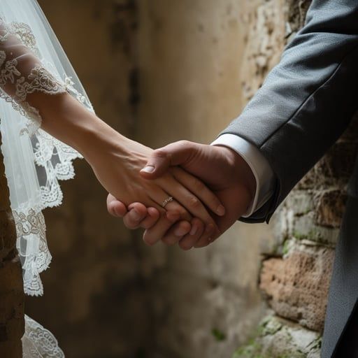 A bride and groom holding hands, showcasing a wedding ring, against a rustic stone wall.