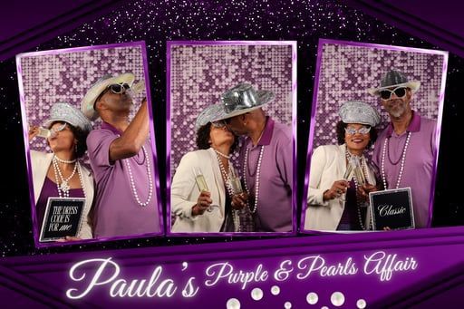 A purple-themed photo booth strip with three frames of a couple in hats and pearls at Paula’s Purple & Pearls Affair.