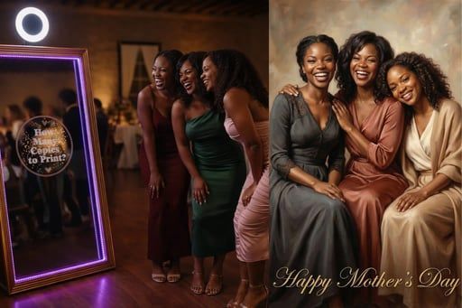 Three people pose at a photo booth, alongside a portrait of the same three individuals with the text Happy Mother's Day.