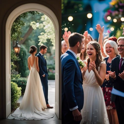 A split image showing a couple posing under an archway, followed by the pair celebrating with guests under string lights.