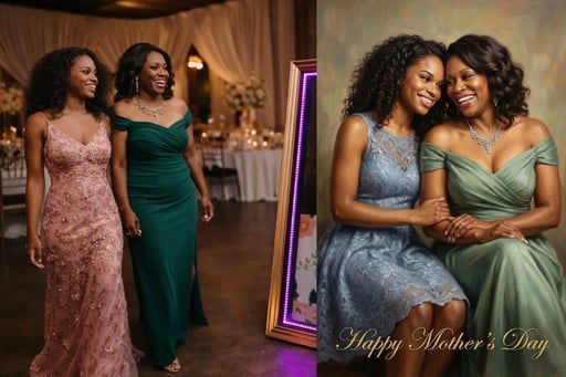 A split image: two people walking at a formal event on the left, and sitting together smiling on the right.