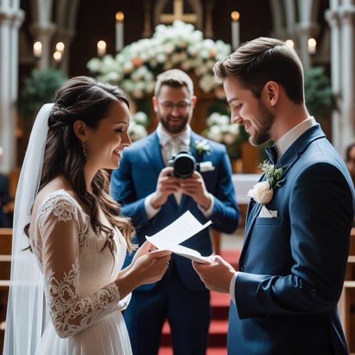 A bride and groom reading vows in a church while a photographer captures the moment.