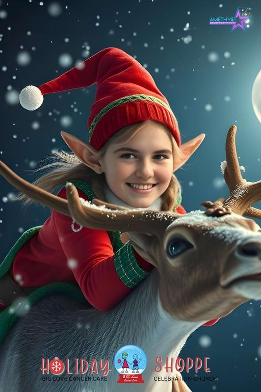 A smiling elf in a red hat riding a reindeer against a dark, snowy backdrop with Holiday Shoppe branding at the bottom.