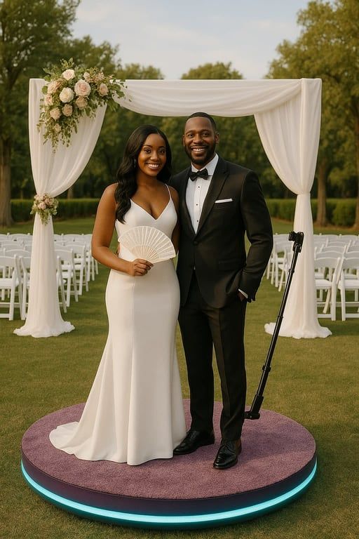 A couple in formal wedding attire poses on a circular platform with a 360-degree camera arm in an outdoor ceremony area.