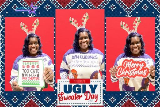 Three photos of a person wearing reindeer antlers and an 