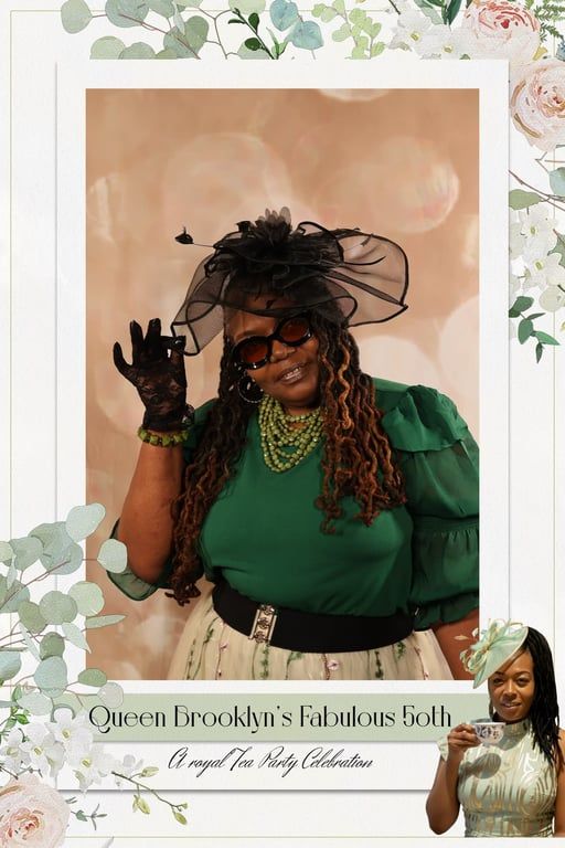 A person in a green top and black hat poses for a party invitation titled 