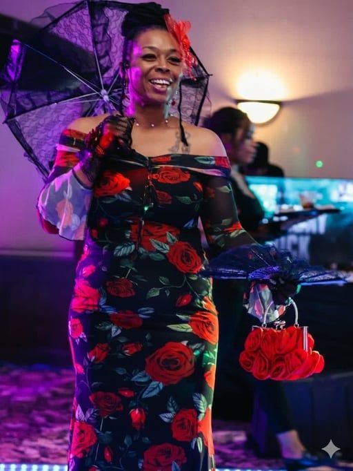 A person in a black, rose-patterned off-the-shoulder dress holds a lace umbrella and a red, rose-shaped handbag indoors.