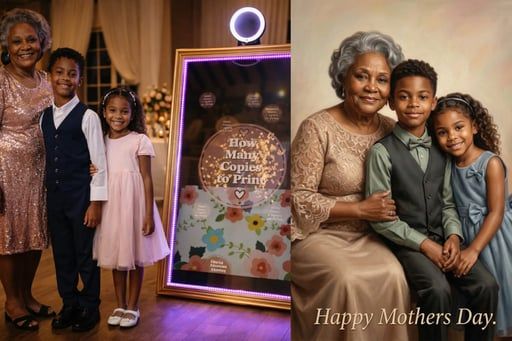 An older adult with two children poses beside a lit photo booth on the left and a formal studio portrait on the right.