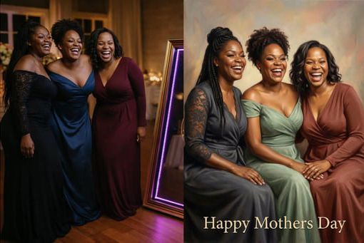 Three people smiling in two side-by-side photos; one in an indoor event space, one with a 