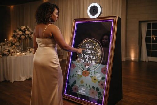 A person in a gold gown uses a floral-themed touchscreen mirror photo booth at an event.