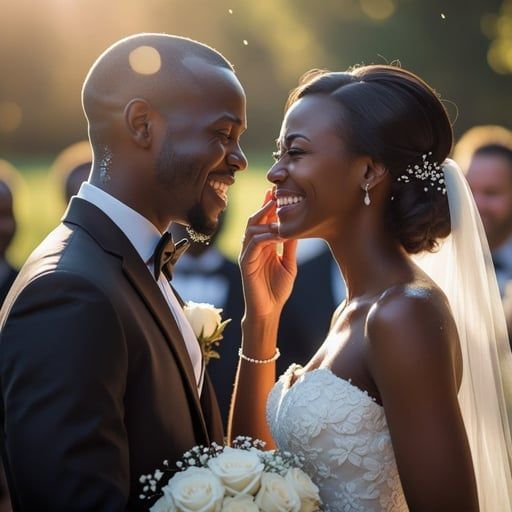 A joyful couple in formal wedding attire smiling at each other during an outdoor ceremony in warm, golden light.